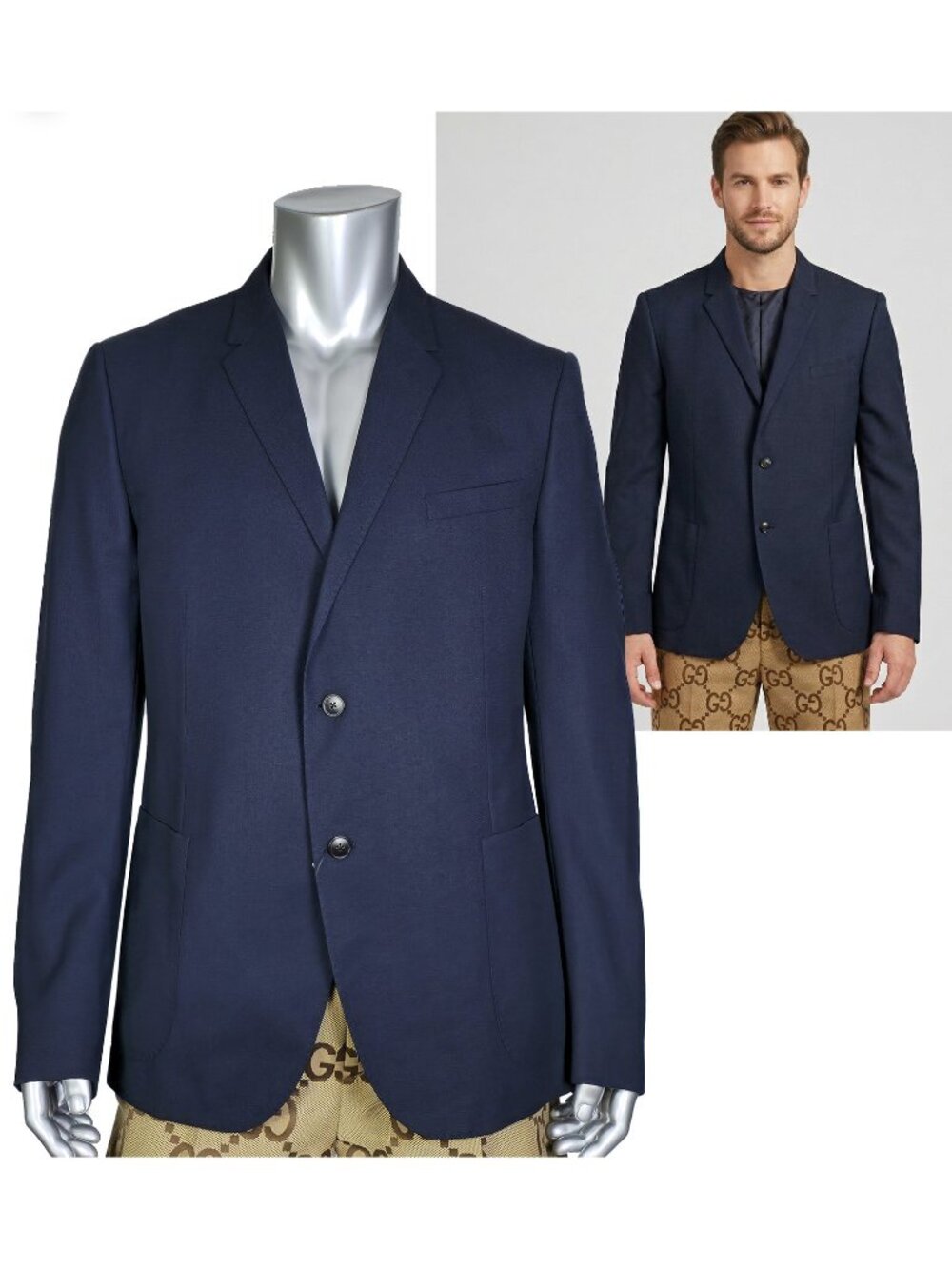GUCCI JACKET MENS INK BLUE WOOL TAILORED BLAZER GG LOGO LINED sz 60 REG